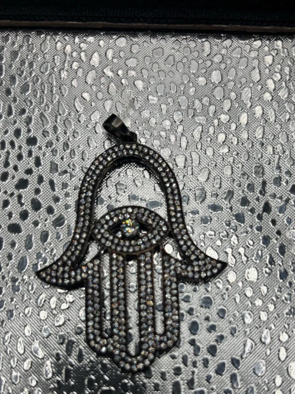 Pave Hamsa Hand Pendant in Black and Silver Tone